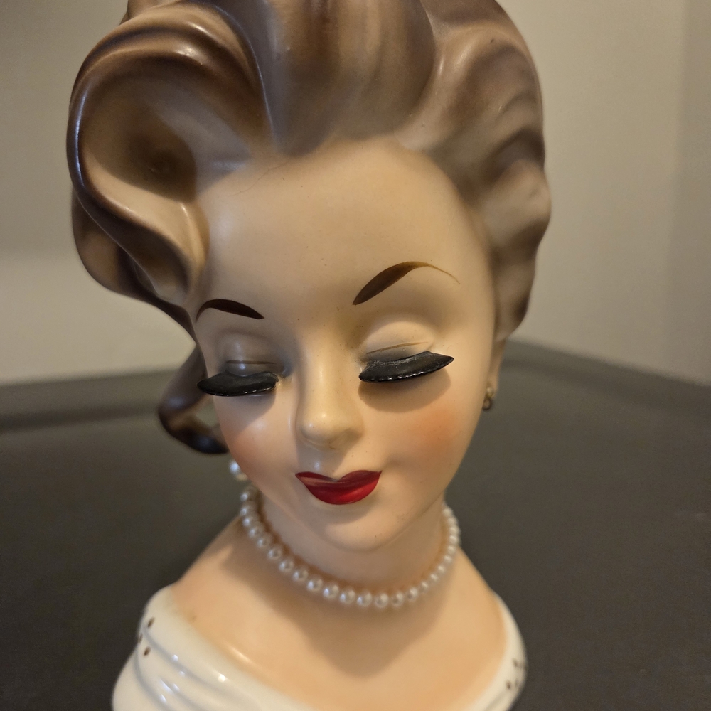Vintage Lady Head Vase with Pearl Necklace